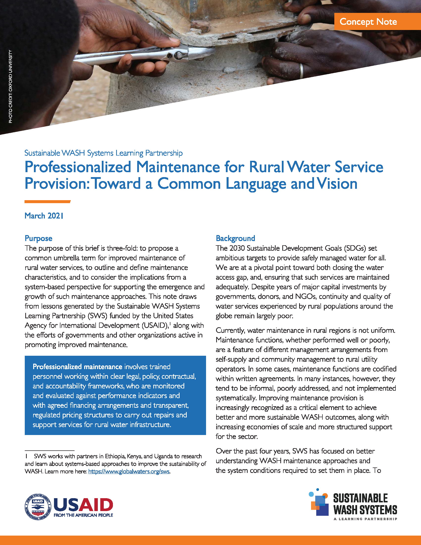 Cover Page of "Professionalized Maintenance for Rural Water Service Provision: Toward a Common Language and Vision."