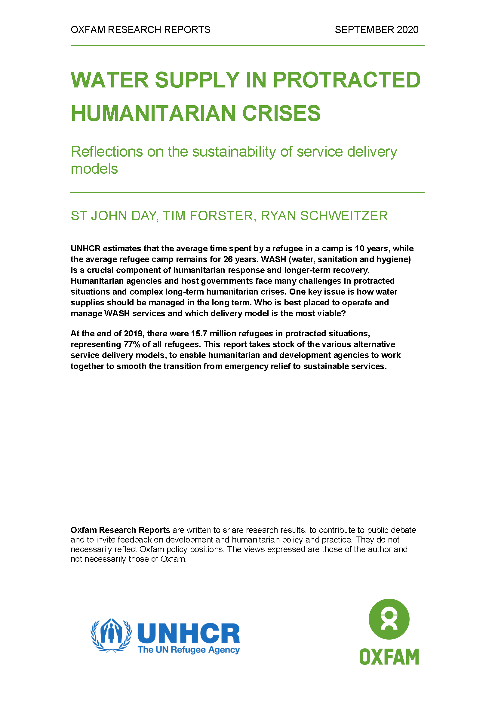 Cover page for Water Supply in Protracted Humanitarian Crisis