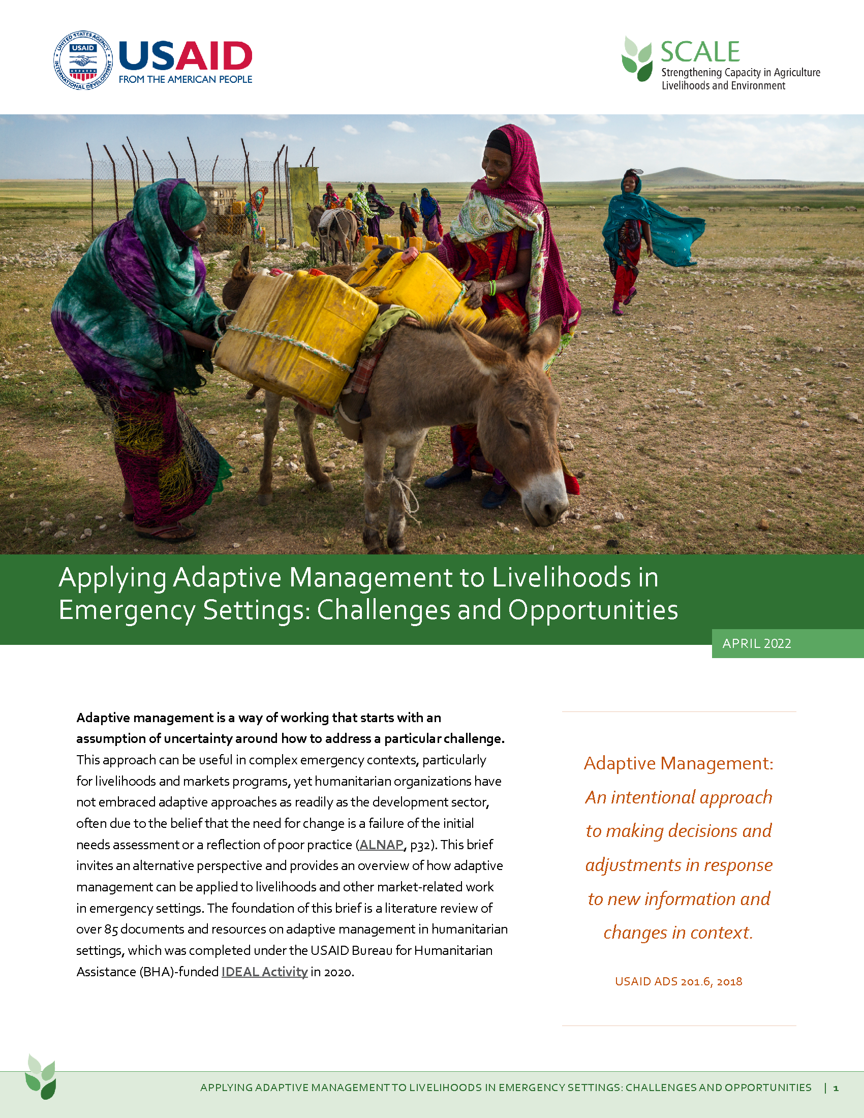 Cover page for Applying Adaptive Management to Livelihoods in Emergency Settings: Challenges and Opportunities