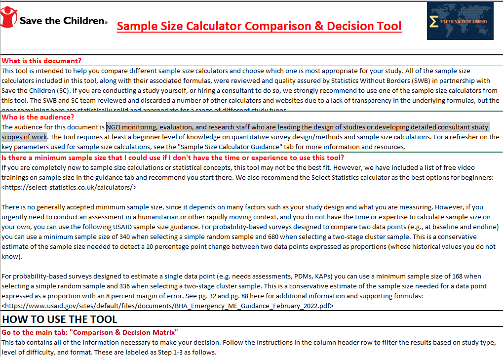 Decorative graphic depicting the sample size calculator in Excel, featuring multiple boxes of text and the Save the Children and Statistics Without Borders logos in the top left and right corners.
