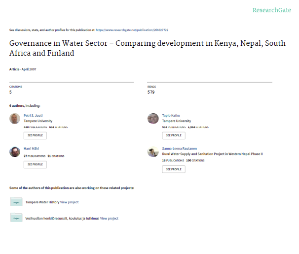 Cover page for Governance in Water Sector – Comparing development in Kenya, Nepal, South Africa and Finland