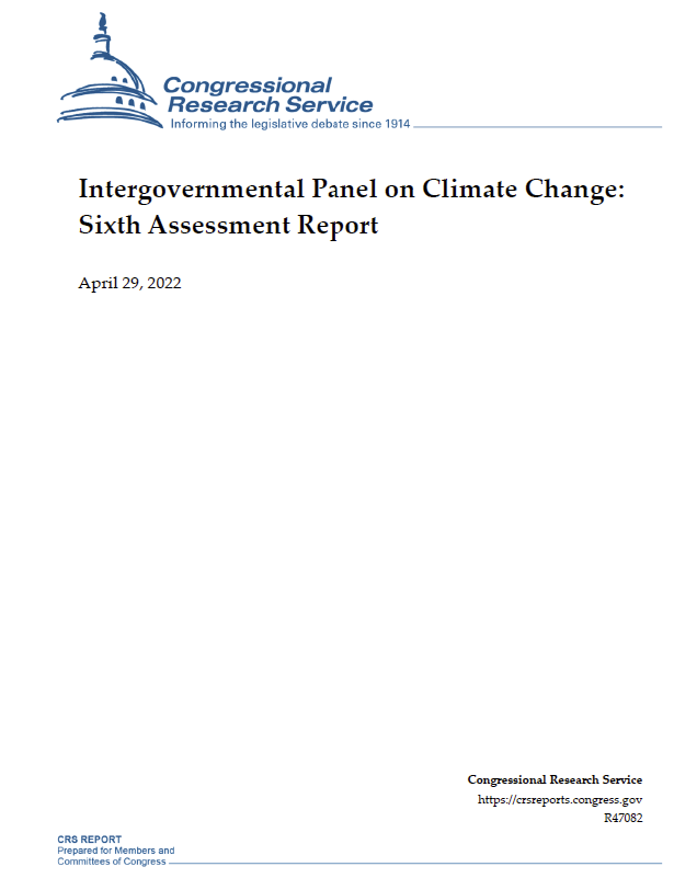 Cover page for Congressional Research Service Summary of IPCC6 report on Climate Change