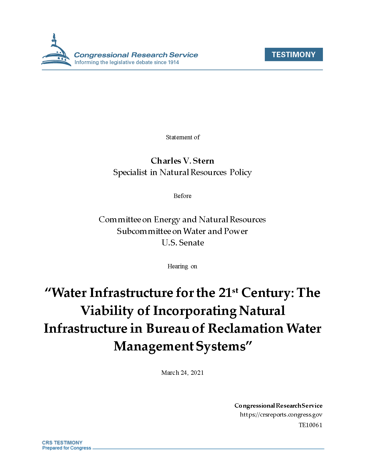 Cover page for water infrastructure for the 21st century