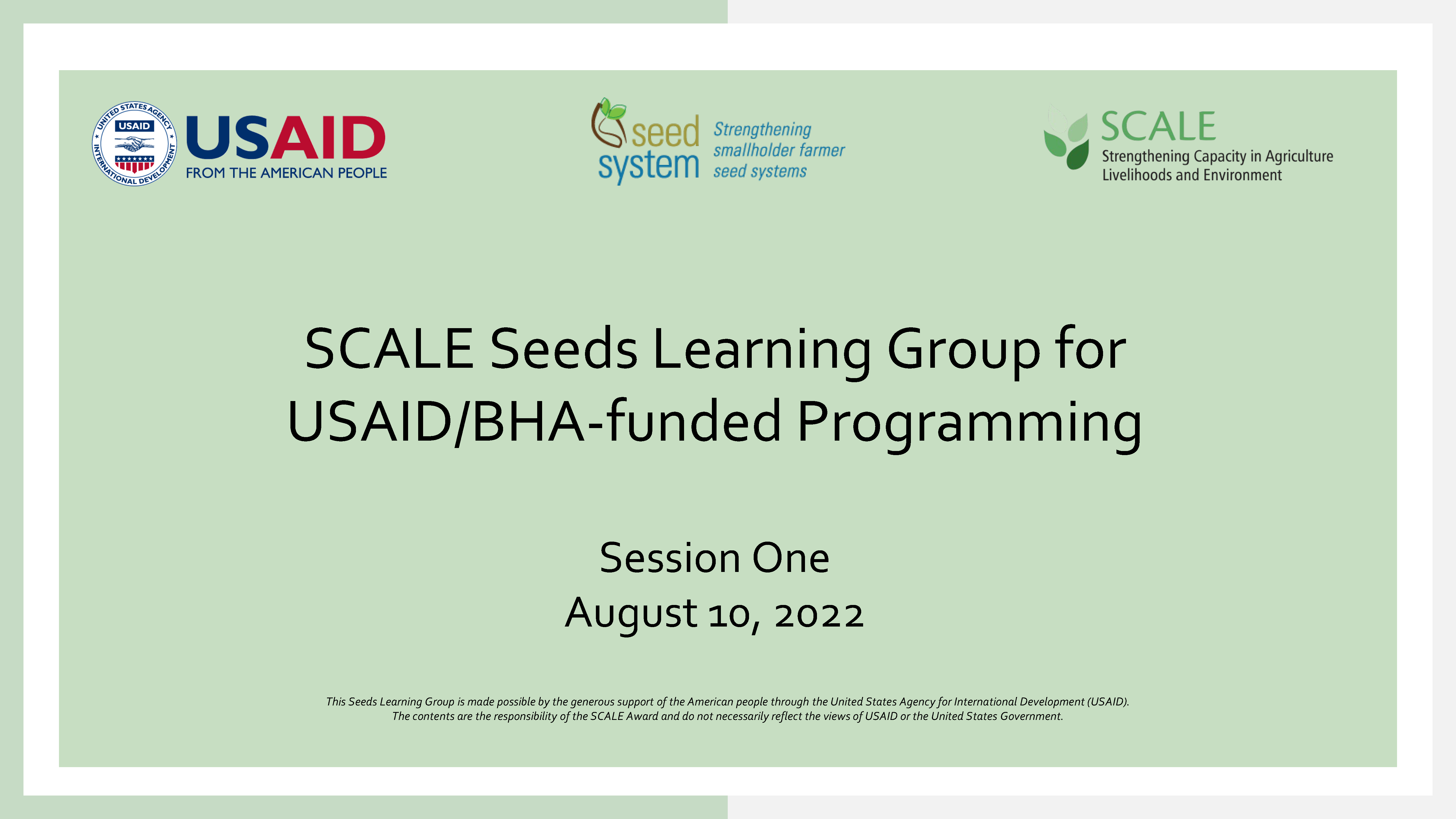 Cover page for SCALE Seeds Learning Group for USAID/BHA-funded Programming Presentations