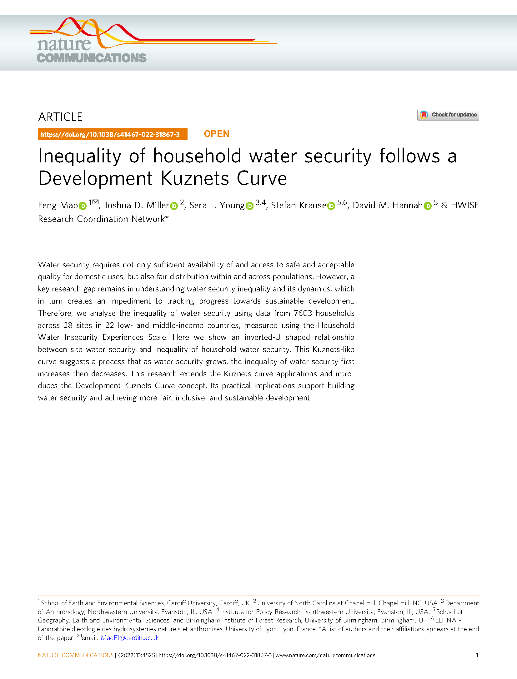 Cover page for Inequality of Household Water Security Follows a Development Kuznets Curve