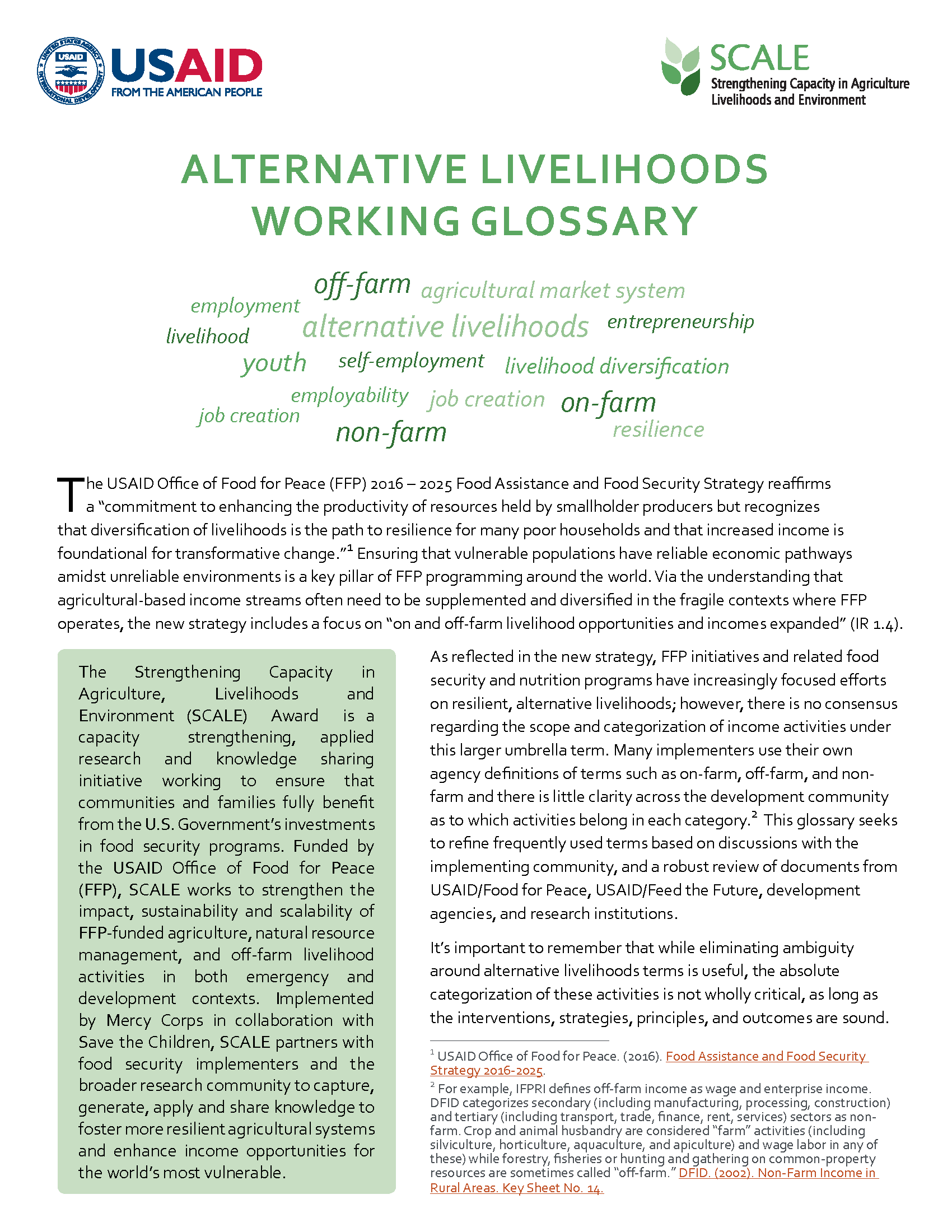 Front COver of SCALE Alternative Livelihoods Glossary