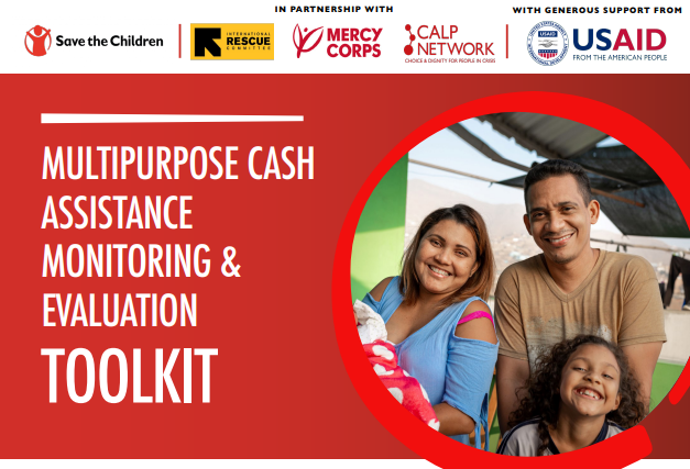 Multipurpose Cash Assistance Monitoring, Evaluation, Accountability, and Learning Toolkit graphic featuring a smiling family of four.