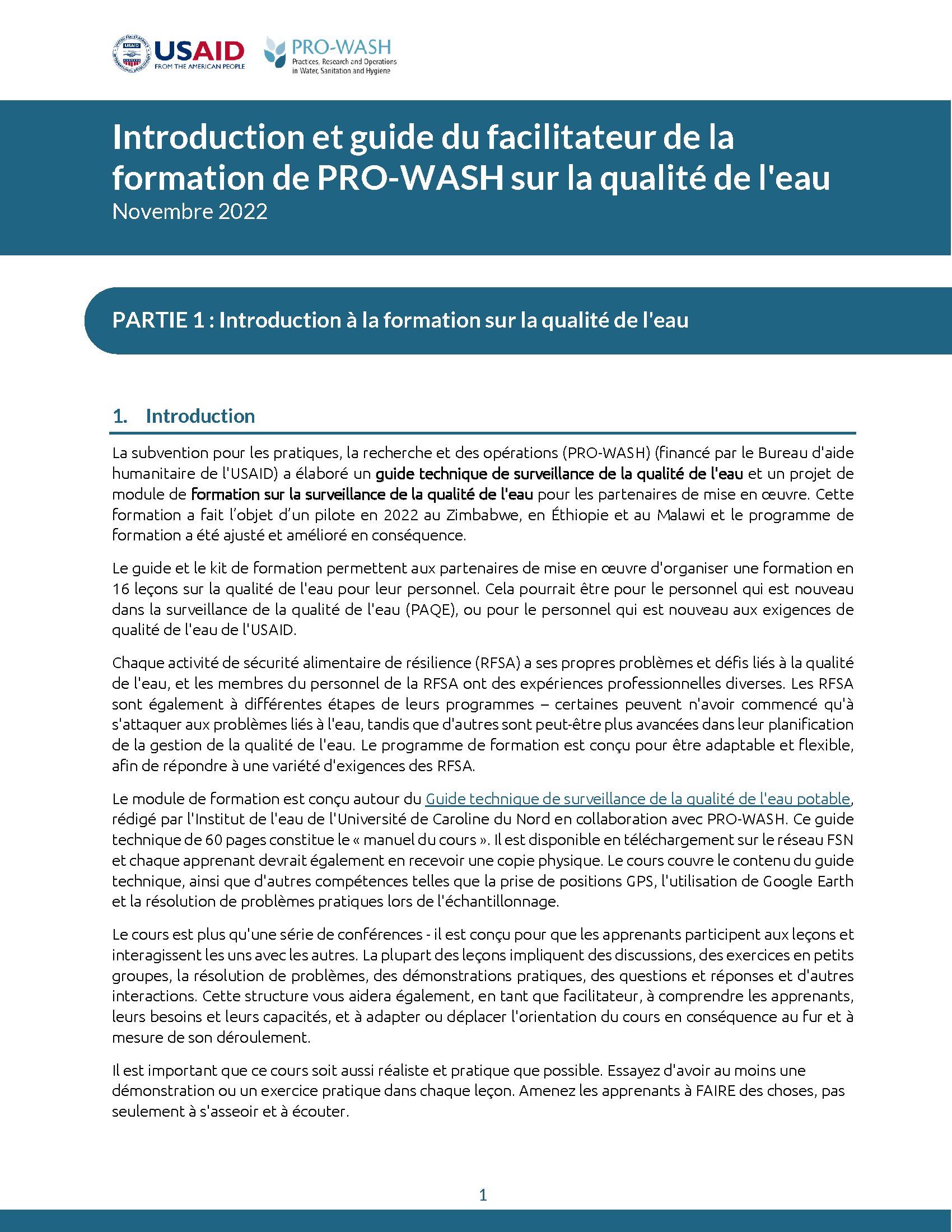 Page de couverture pour Formation de PRO-WASH sur la qualité de l'eau