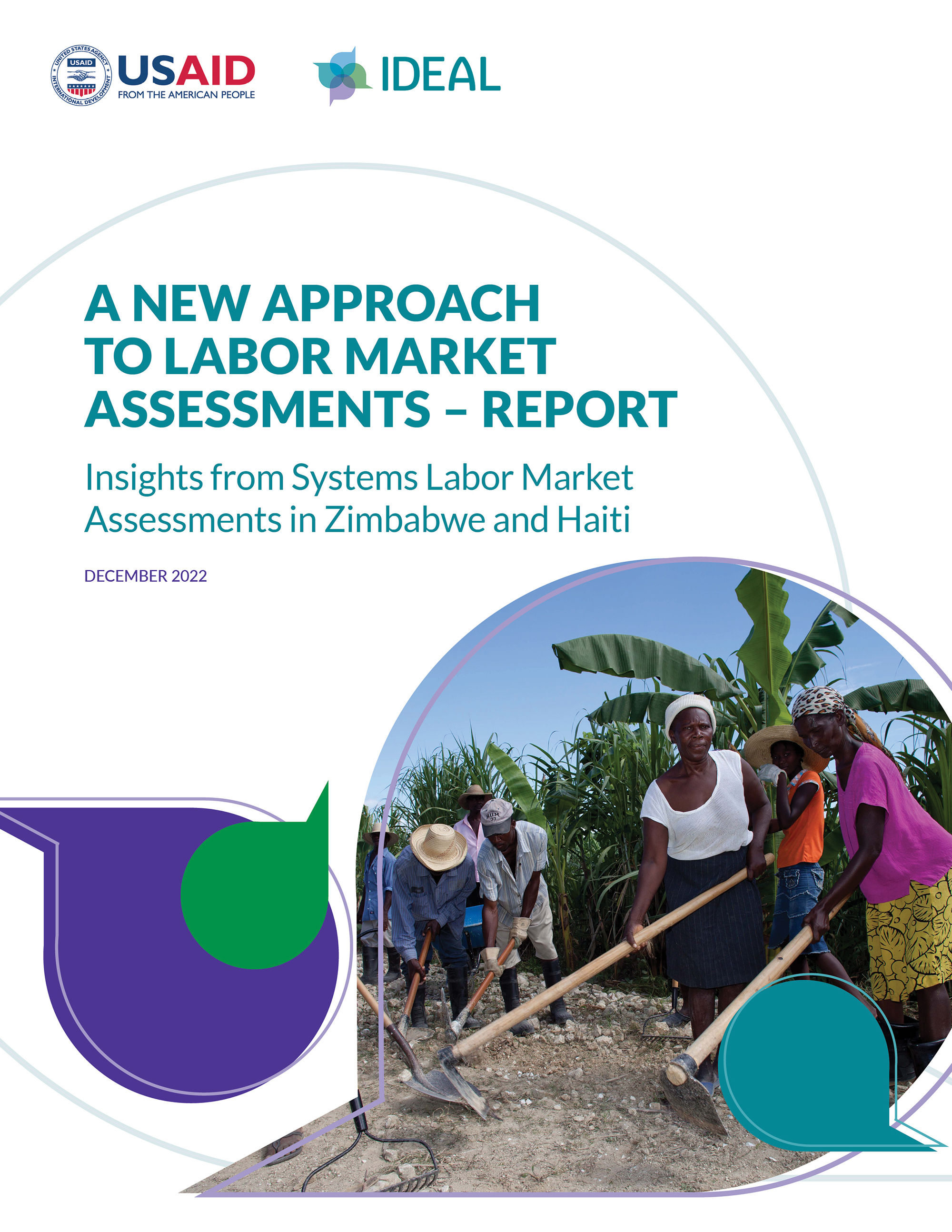 Cover page that includes the USAID and IDEAL logos, the title of the report, and a photo showing a group of cash-for-work participants rehabilitating a road in their community in Haiti. A group of men and women use shovels, pickaxes, and other tools to repair a rocky road. The title of the report is: A New Approach to Labor Market Assessments - Report: Insights from Systems Labor Market Assessments in Zimbabwe and Haiti