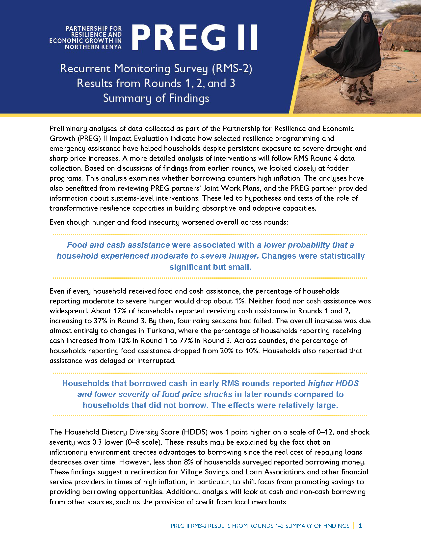 Cover page of report - Partnership for Resilience and Economic Growth in Northern Kenya: PREG II Recurrent Monitoring Survey (RMS-2) Results from Rounds 1, 2, and 3 - Summary of Findings