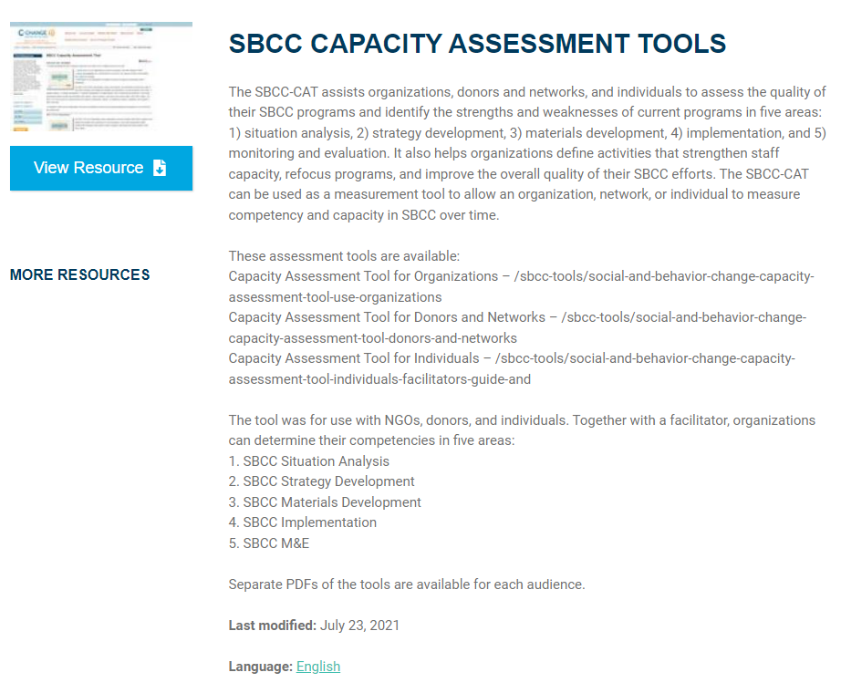 Screenshot of the SBC Capacity Assessment Tools website