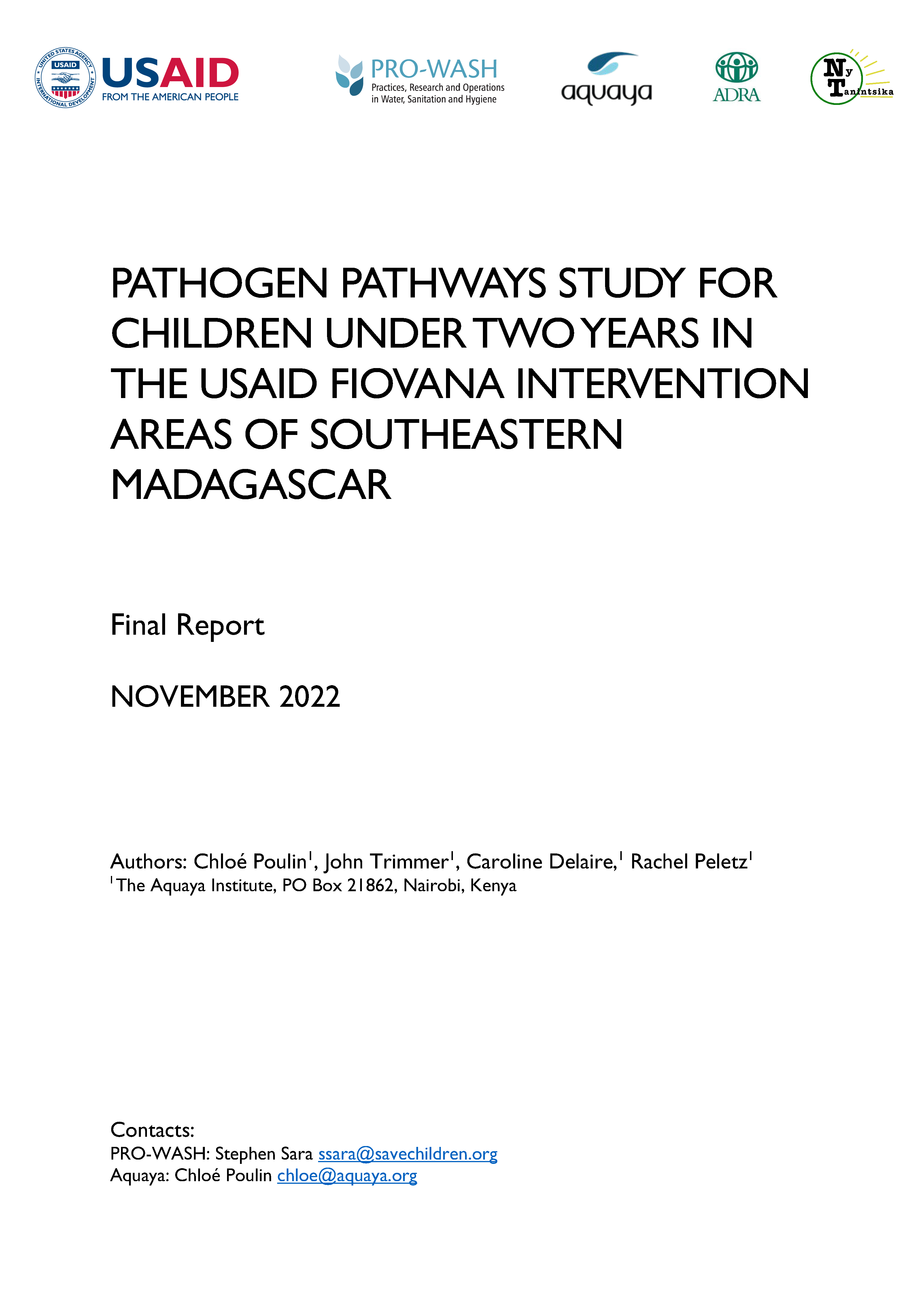 Cover page for Pathogen Pathways Study for Children Under Two Years in the USAID FIOVANA Intervention Areas of Southeastern Madagascar