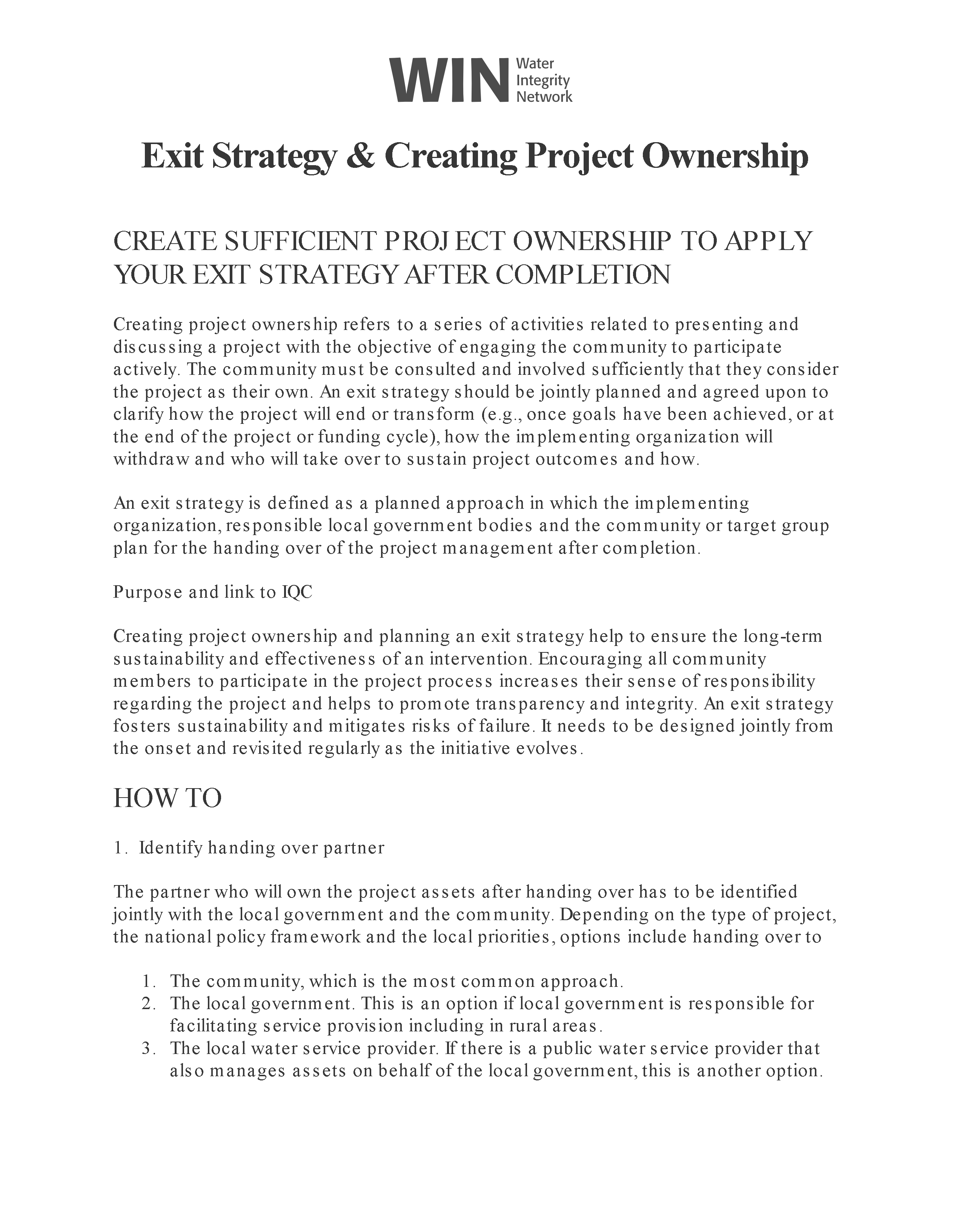 Cover page for Exit Strategy & Creating Project Ownership