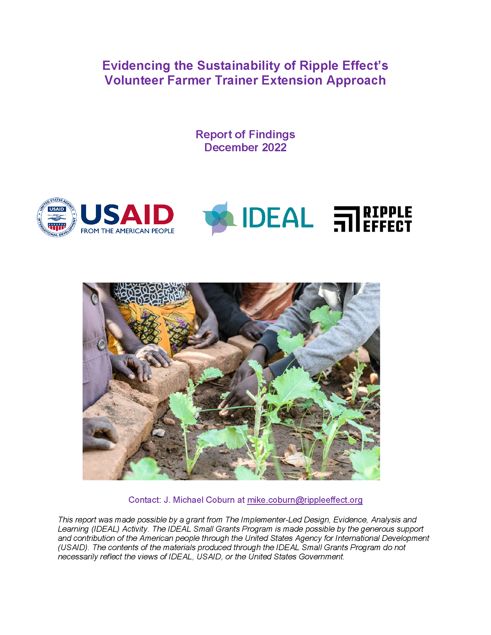 Cover page for Evidencing the Sustainability of Ripple Effect’s Volunteer Farmer Trainer Extension Approach