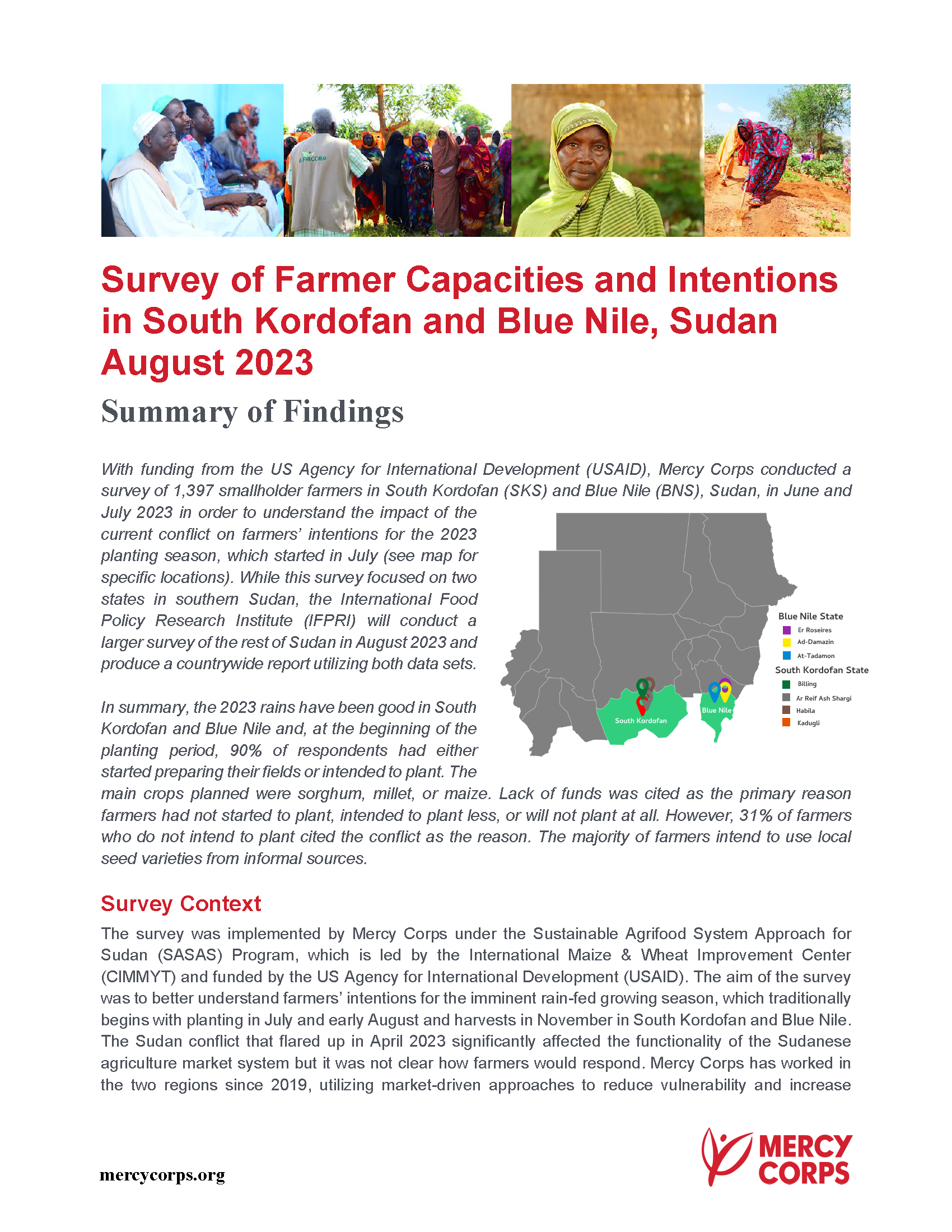 Cover page for Survey of Farmer Capacities and Intentions in South Kordofan and Blue Nile, Sudan August 2023