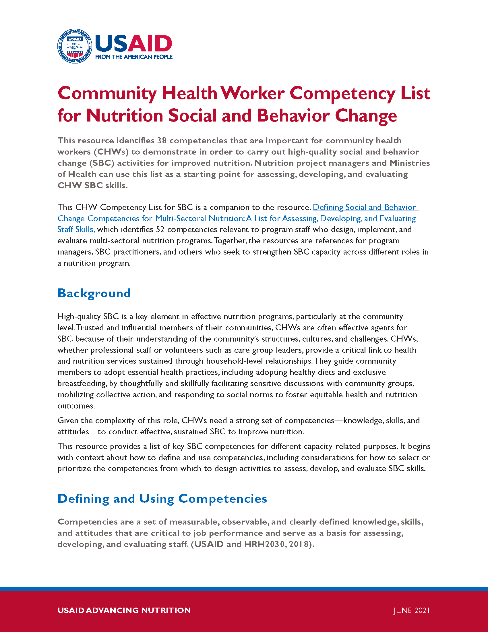 Cover page for Community Health Worker Competency List for Nutrition Social and Behavior Change
