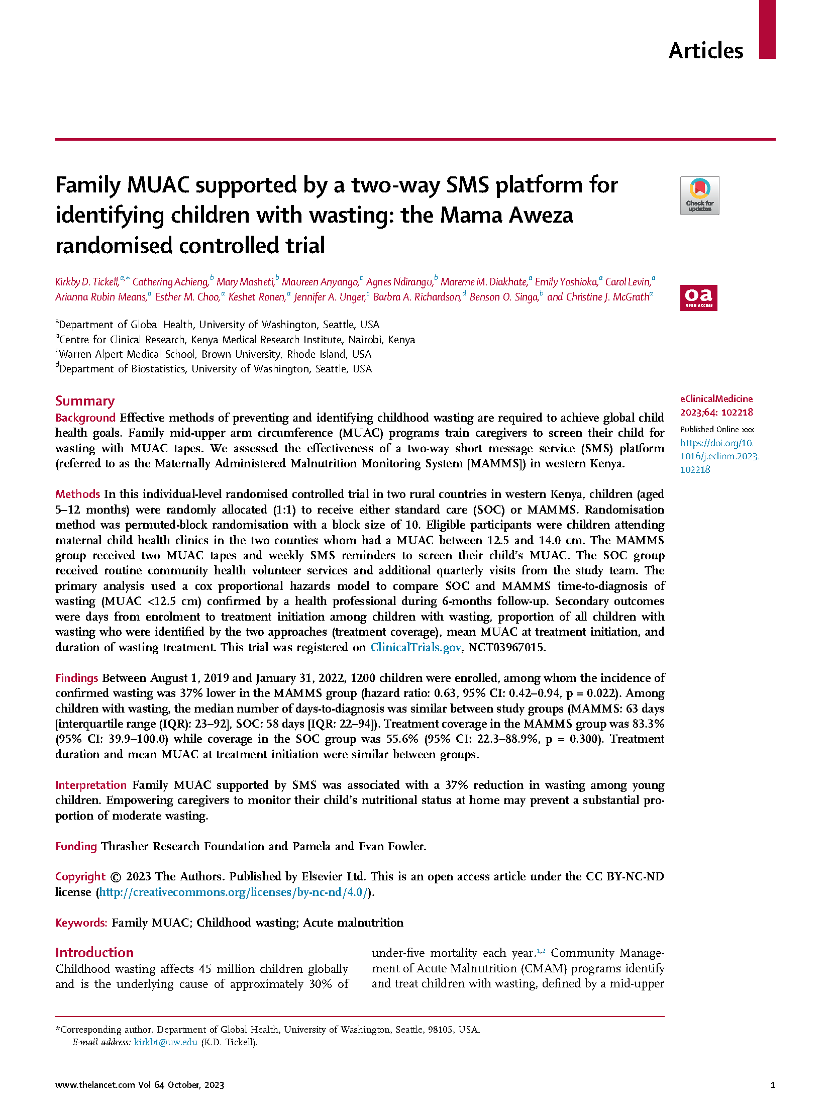 Cover page for Family MUAC Supported By a Two-Way SMS Platform for Identifying Children With Wasting: The Mama Aweza Randomized Controlled Trial