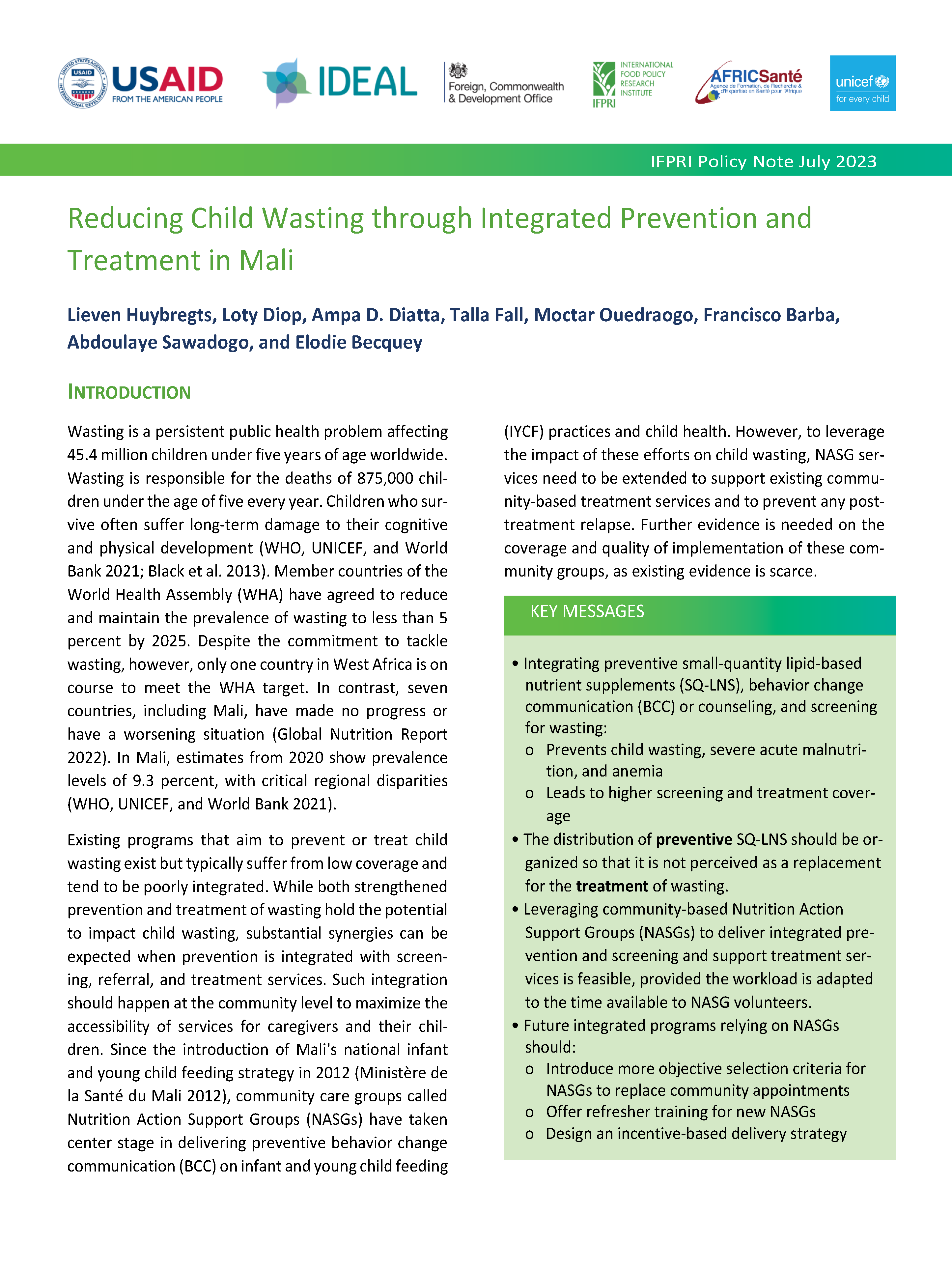 Cover page for Reducing Child Wasting through Integrated Prevention and Treatment in Mali