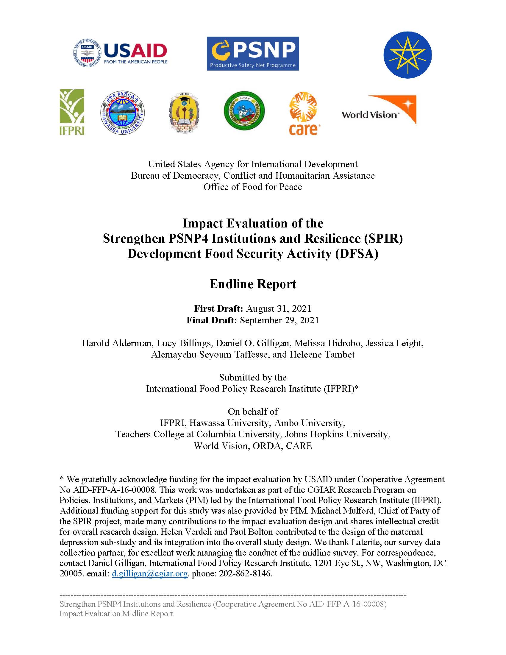 Cover Page for Impact Evaluation of the Strengthen PSNP4 Institutions and Resilience (SPIR) Development Food Security Activity (DFSA)