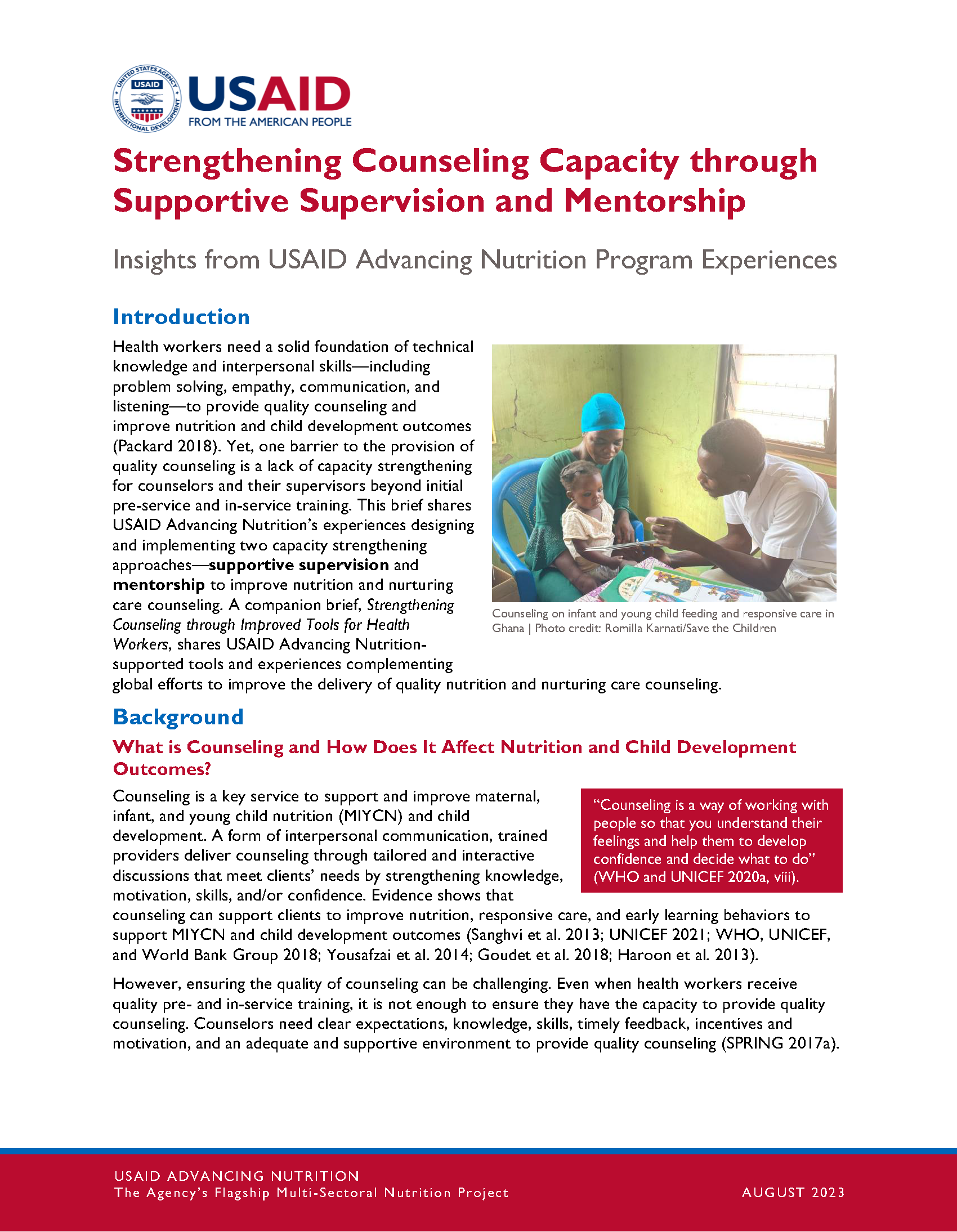 Cover page for Strengthening Counseling Capacity through Supportive Supervision and Mentorship