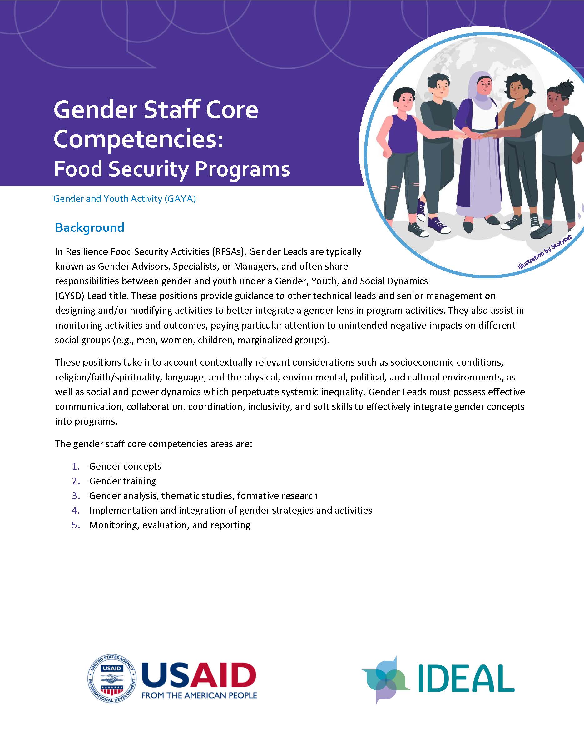 Report cover page, reading "Gender Staff Core Competencies: Food Security Programs" with a graphic of five people standing in front of a globe. The other text on the page is not visible.