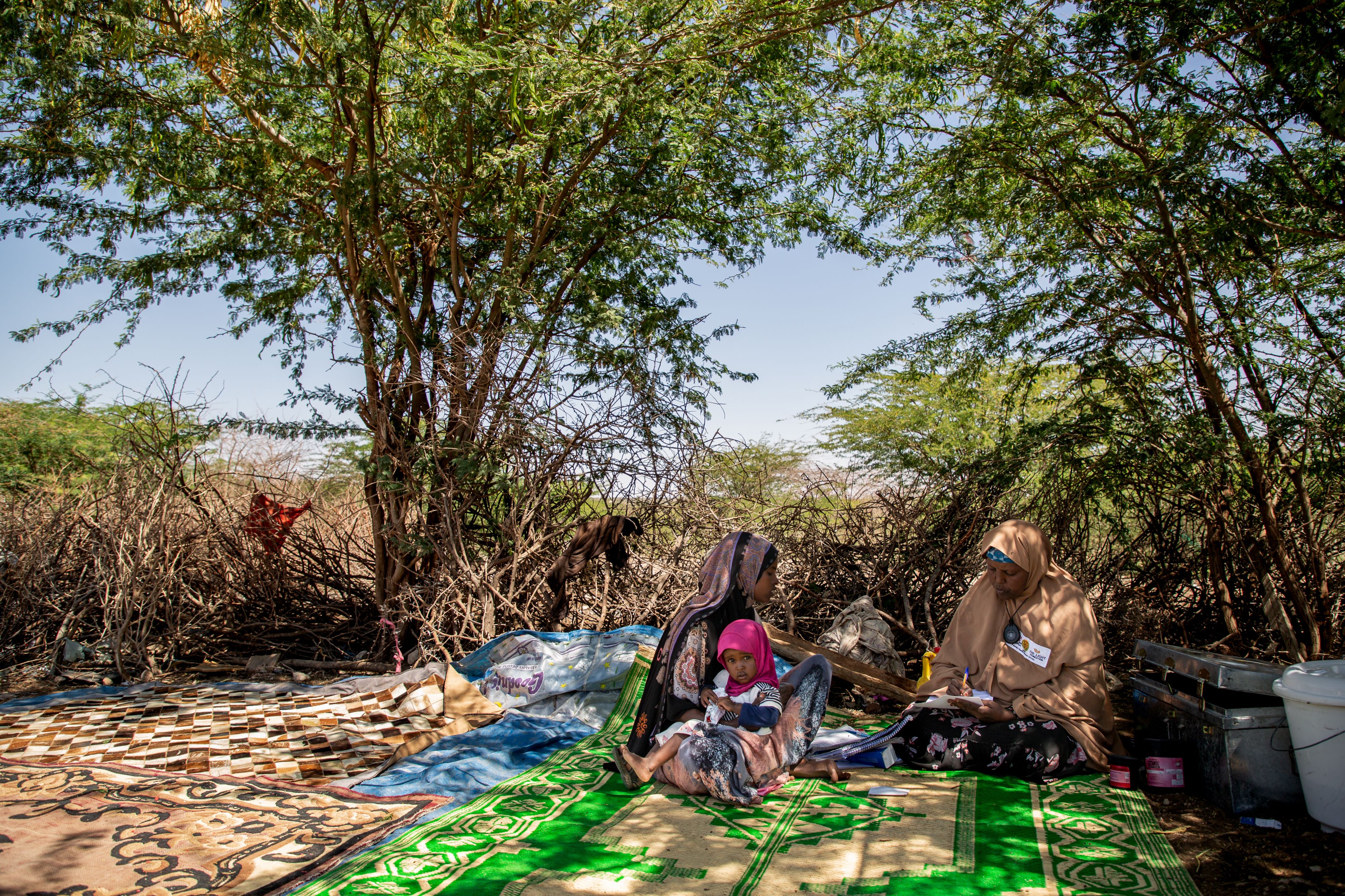 Two women and a small child sit on a green mat underneath trees in Somalia.