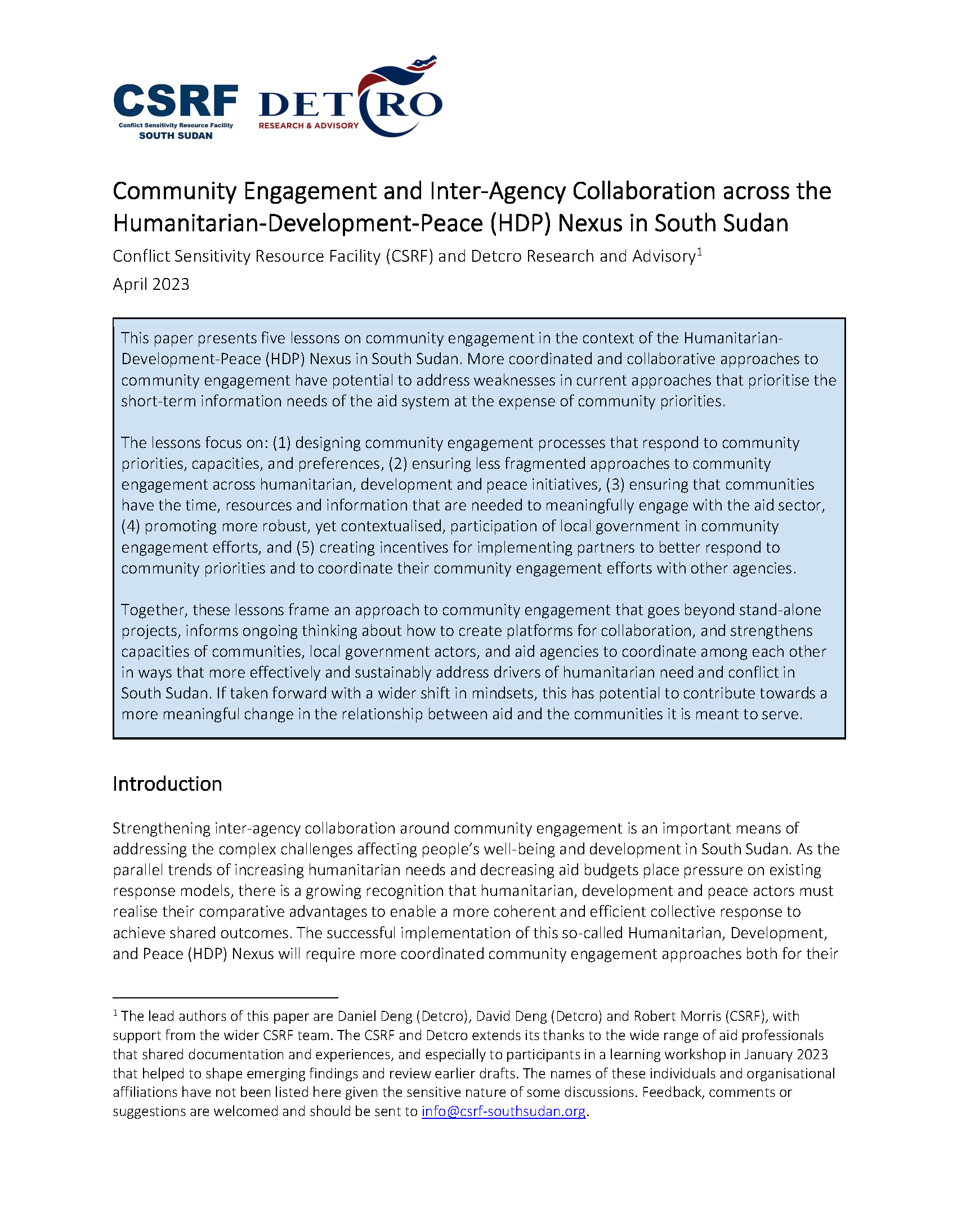 Cover page for Community Engagement and Inter-Agency Collaboration across the Humanitarian-Development-Peace Nexus in South Sudan
