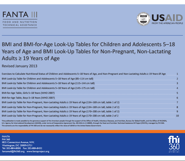 Download Resource: BMI and BMI-for-Age Look-Up Tables for Children and Adolescents 5–18 Years of Age and BMI Look-Up Tables for Non-Pregnant, Non-Lactating Adults ≥ 19 Years of Age 