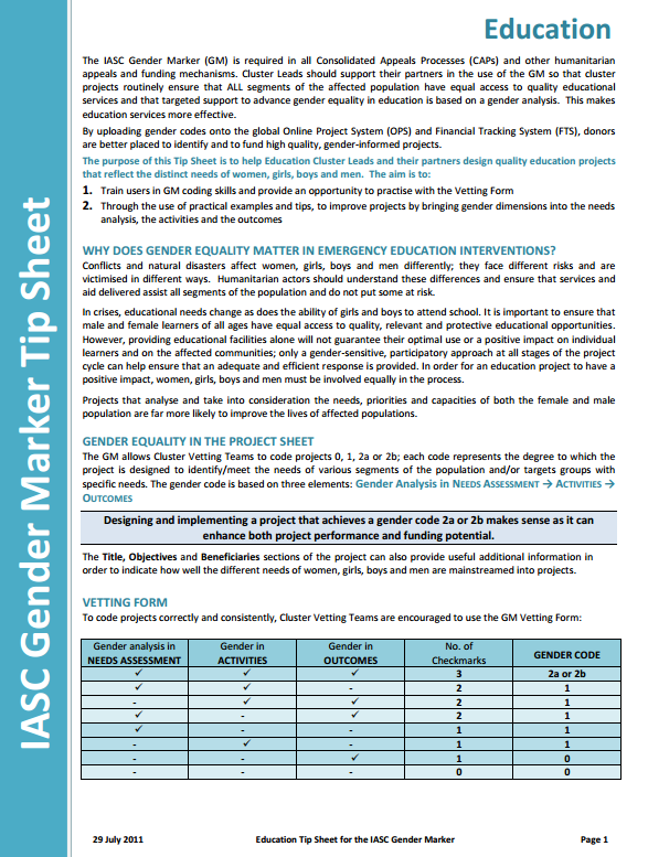 Download Resource: IASC Gender Marker Tip Sheet: Education