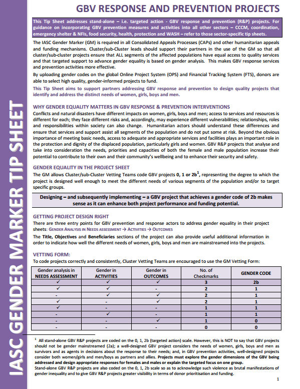 Download Resource: IASC Gender Marker Tip Sheet: GBV Response and Prevention Projects