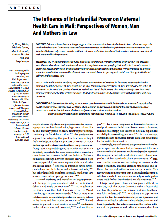 Download Resource: The Influence of Intrafamilial Power on Maternal Health Care in Mali: Perspectives of Women, Men And Mothers-in-Law