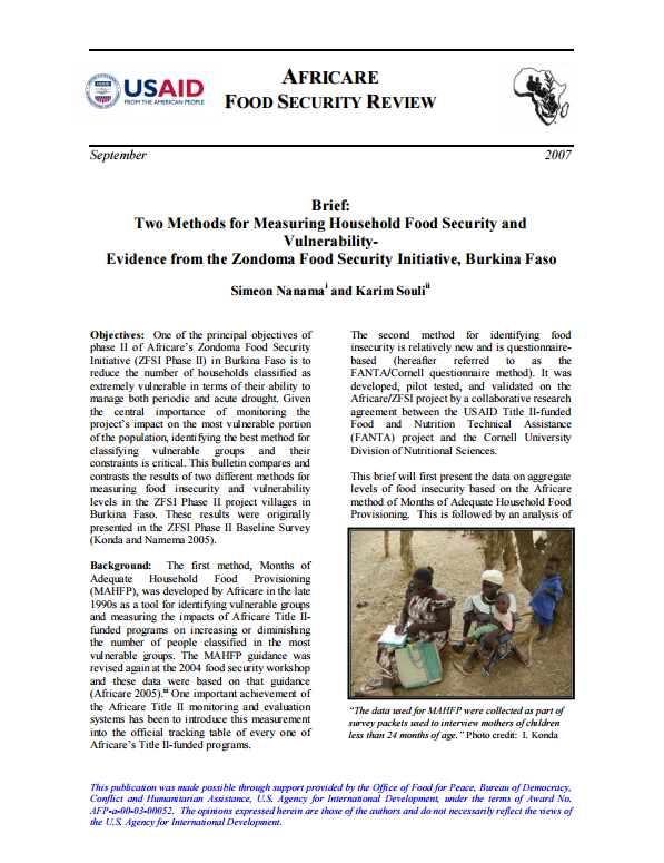 Download Resource: Brief: Two Methods for Measuring Household Food Security and Vulnerability- Evidence from the Zondoma Food Security Initiative, Burkina Faso