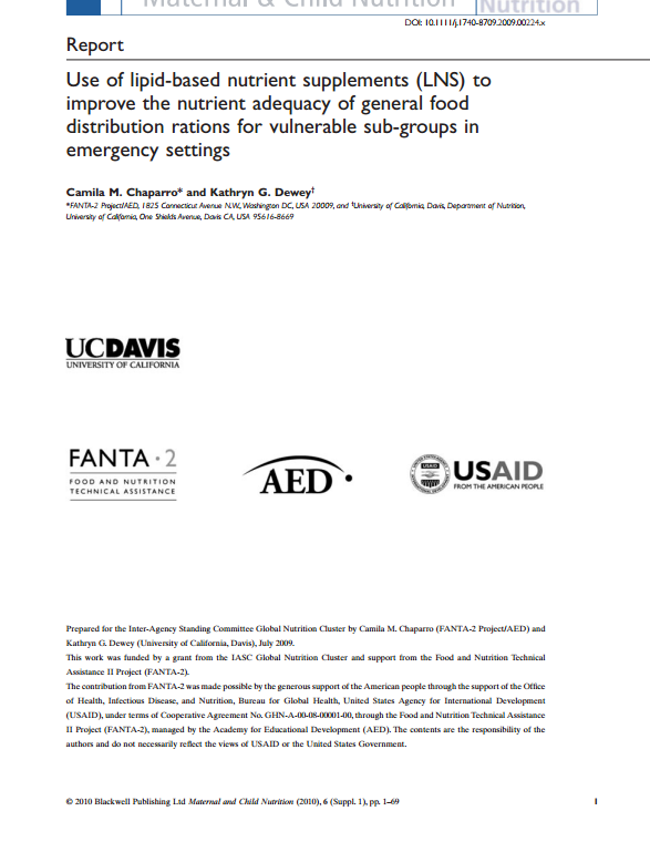 Download Resource: Use of Lipid-Based Nutrient Supplements (LNS) to Improve the Nutrient Adequacy of General Food Distribution Rations for Vulnerable Sub-Groups in Emergency Settings