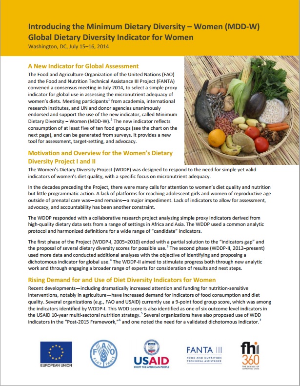 Download Resource: Introducing the Minimum Dietary Diversity – Women (MDD-W) Global Dietary Diversity Indicator for Women 