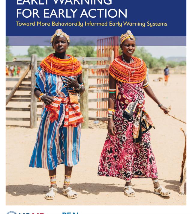 Cover of the Early Warning systems publication. Photo a two women standing and looking at the camera. REAL Logo. USAID Logo
