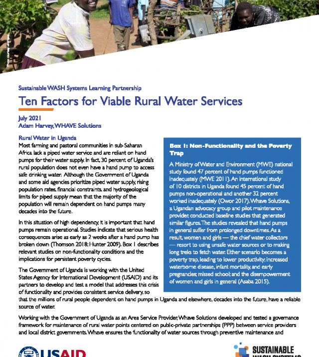 Cover page of "Ten Factors for Viable Rural Water Services." 