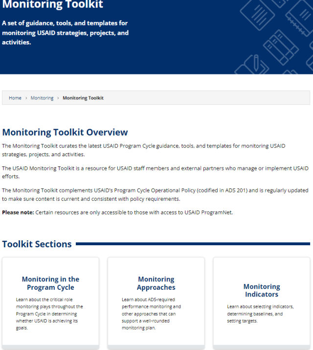 Screenshot of USAID Monitoring Toolkit
