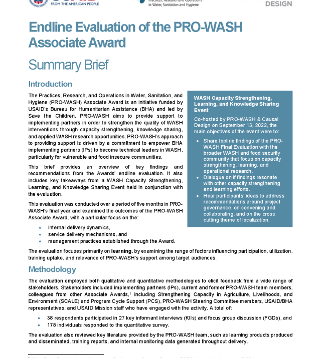 Cover page for Summary Brief: Endline Evaluation of the PRO-WASH Associate Award