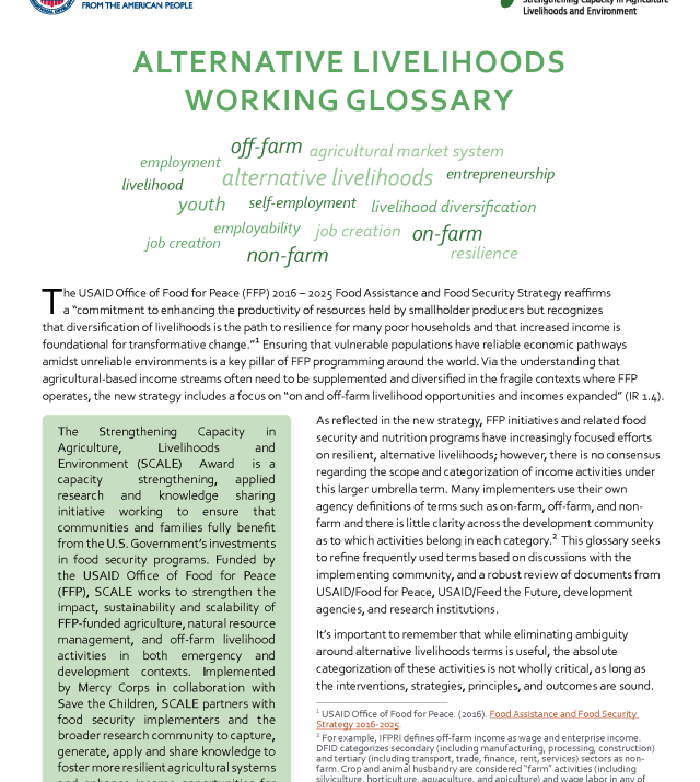 Front COver of SCALE Alternative Livelihoods Glossary