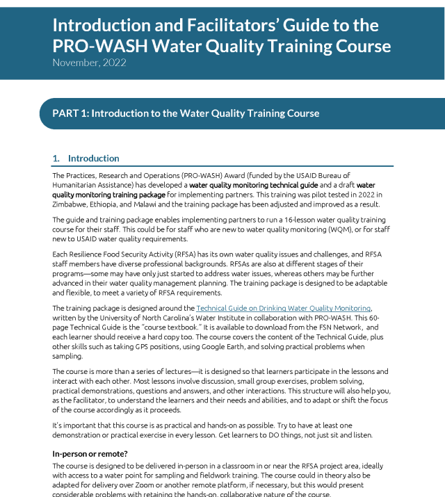 Cover page for PRO-WASH Water Quality Training Course