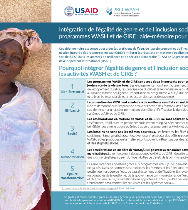 Page de couverture pour Intégration de l’égalité de genre et de l’inclusion sociale dans les programmes WASH et de GIRE : aide-mémoire pour les praticiens