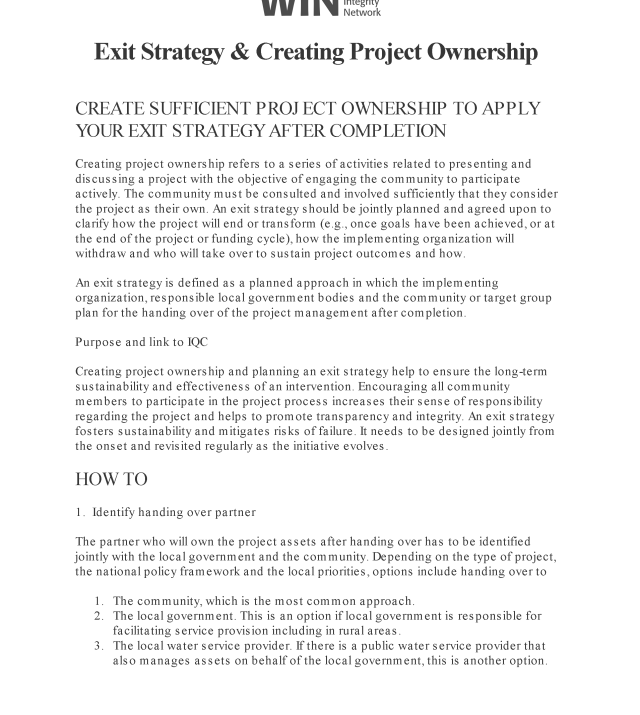 Cover page for Exit Strategy & Creating Project Ownership