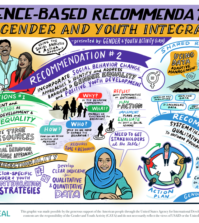 The colorful graphic presents evidence-based recommendations from the Gender and Youth Activity (GAYA) for integrating gender and youth perspectives. These recommendations aim to inform GAYA's intervention design and improve the understanding of implementing partners' needs and strengths. The recommendations include enlisting senior management and technical sector leads as champions, incorporating gender and youth competencies, collaborating across partners, utilizing social behavior change approaches.