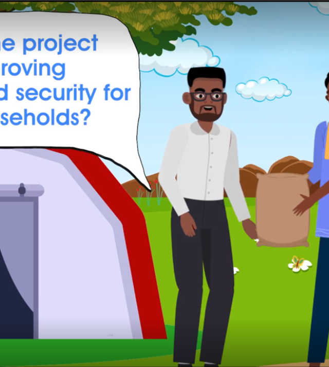 Still from video shows a man handing a bag to a family with a speech bubble that says "Is the project improving food security for households?"