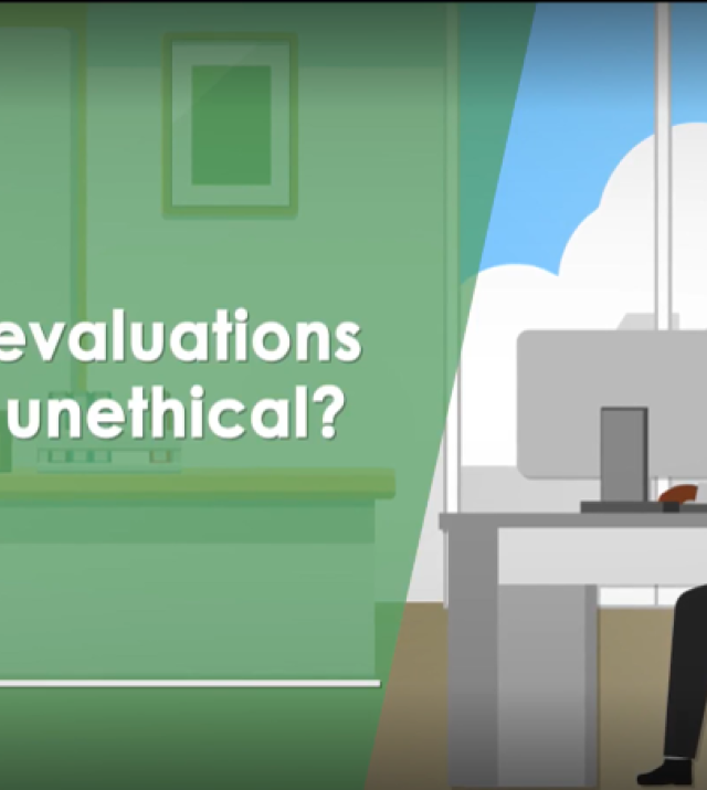 Image shows a cartoon man sitting in an office with text that says "Are impact evaluations necessarily unethical?"