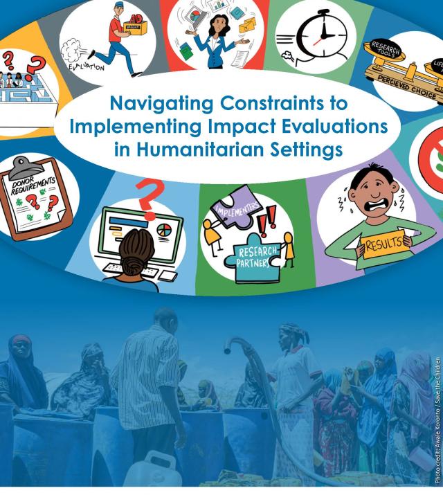Cover of report shows the title surrounded by graphic illustrations of the ten constraints, overlaying an image of people collecting water 
