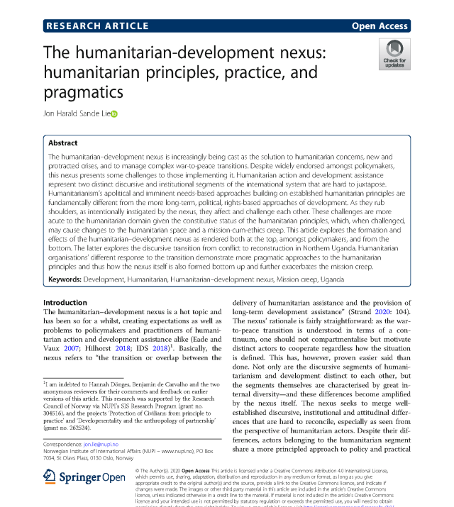 Cover page for The Humanitarian-Development Nexus: Humanitarian Principles, Practice, and Pragmatics