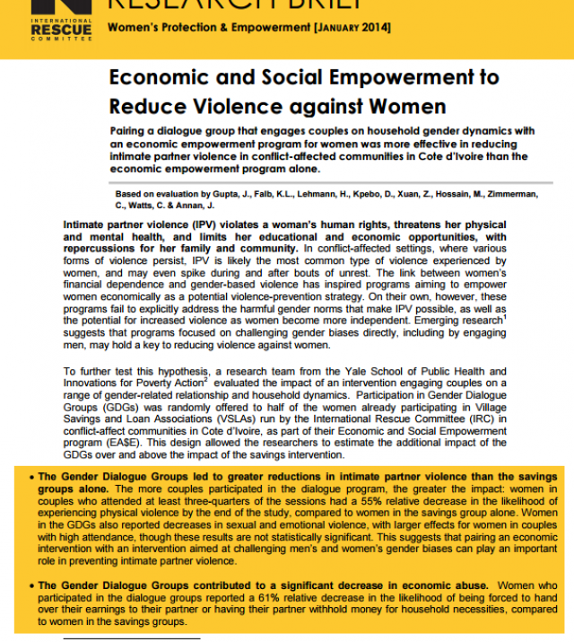Download Resource: Economic and Social Empowerment to Reduce Violence against Women -  Research Brief 