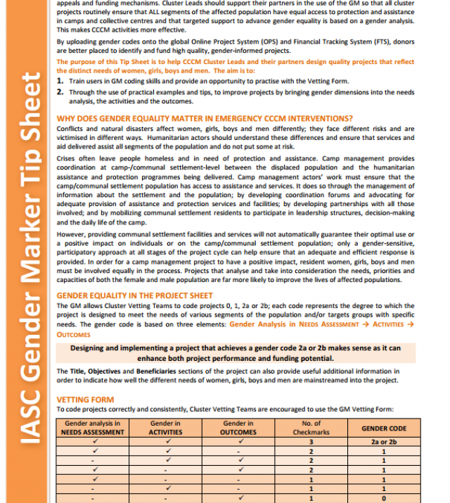 Download Resource: IASC Gender Marker Tip Sheet: Camp Coordination & Camp Management (CCCM)