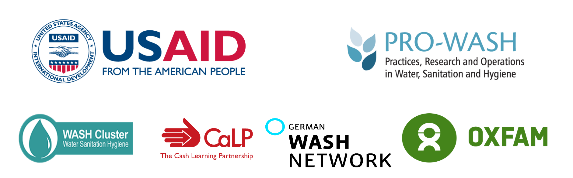 Logos USAID,PRO-WASH, WASH Cluster, CaLP, German Wash Network, OXFAM